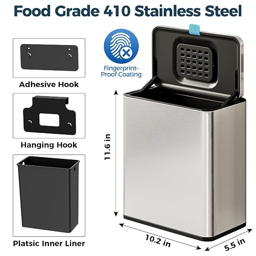 Stainless Steel Hanging Trash Can with Lid and Inner Bucket, 2 Gallon Kitchen Compost Bin for Counter Top, Under Sink or Wall Mount, Small Garbage Can for Cupboard/Bathroom/Bedroom/RV - Image 6