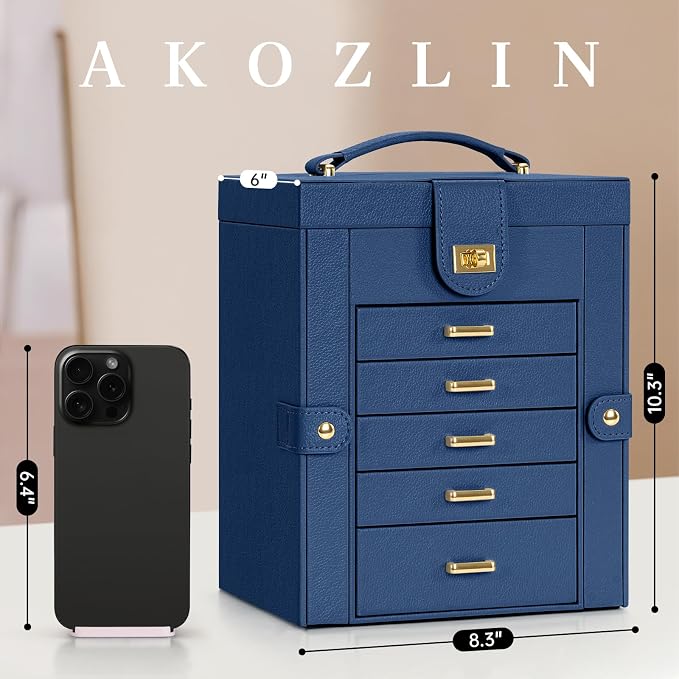 AKOZLIN Jewelry Box Organizer Functional Leather Jewelry Storage Case for Women Girls Ring Necklace Earring Bracelet Holder Organizer with Mirror Blue - Image 4