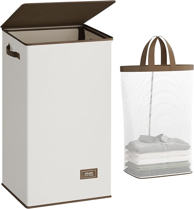 SOLEDI Clothes Hamper with Lid - 100L XL - Large Laundry Basket with Removable Bag, Collapsible Laundry Baskets, Convenient Storage - Hampers for Laundry for Bedroom, Bathroom, Closet, Dorm, Off-White by SOLEDI