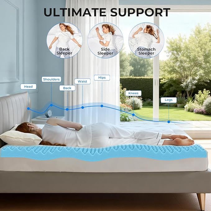 OhGeni 3 Inch Full Memory Foam Mattress Topper Pad with Cover, Egg Crate Foam with Anti-Slip Base, Enhanced with Cooling Gel，Premium Comfort for Sleep & Back Pain Relief, Removable & Washable
