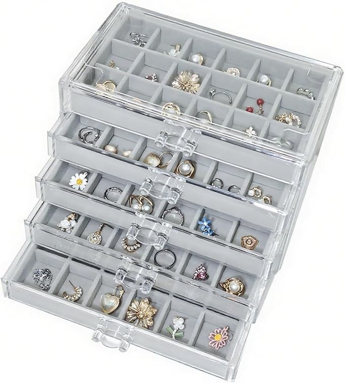 Acrylic Earring Holder Organizer with 5 Drawers Clear Earring Organizer Box with 90 Adjustable Grids Velvet Earring Display Case Jewelry Organizer for Earrings Rings Studs (Grey) by HOUKANWE
