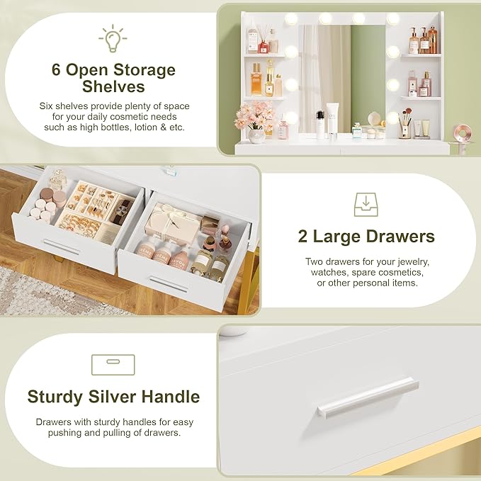 YESHOMY Vanity Desk with Mirror, Makeup Table with 2 Large Drawers, Power Outlet and Round Holder, 3 Color Modes Adjustable Bulb, Pure White & Golden