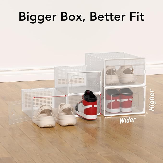 Foluck X-Large Shoe Storage Box, 15 Pack Clear Plastic Stackable Shoe Organizer for Closet, Interlocking Design Shoe Container Bins for Sneakers, Foldable Shoe Rack with Lids, White - Image 3