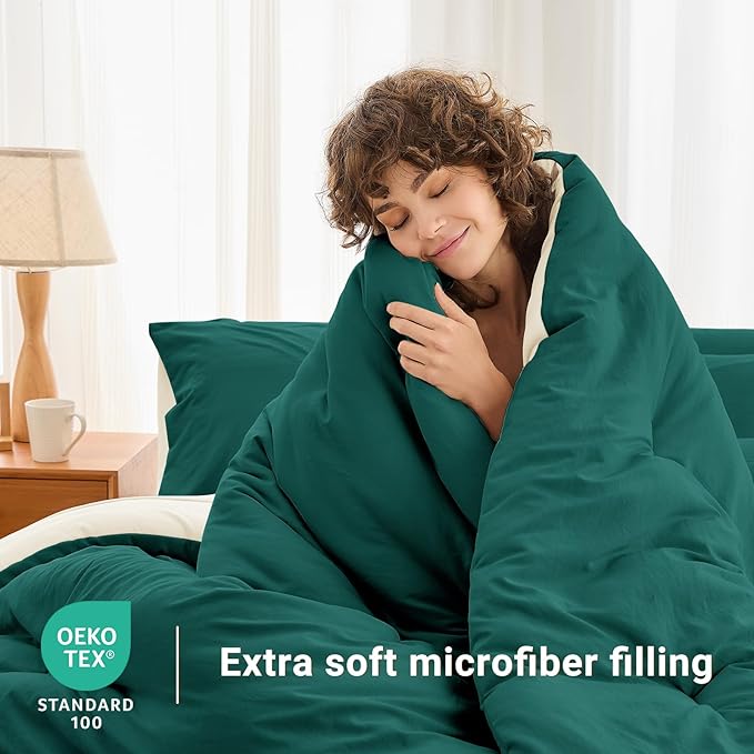 MUXHOMO 7 Pieces Full Comforter Set, Soft Bed in a Bag Full Size, All Season Bedding Set with Comforter, Flat Sheet, Fitted Sheet, Pillowcases & Shams, Peacock Blue & Ivory
