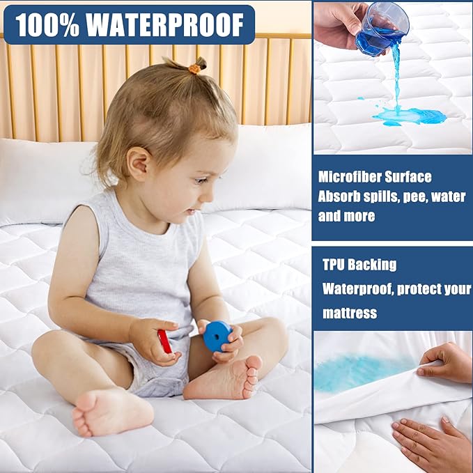 Full Size Quilted Fitted Mattress Pad, Waterproof Breathable Cooling Mattress Protector, Stretches up to 21 Inches Deep Pocket Hollow Cotton Alternative Filling Noiseless Mattress Cover
