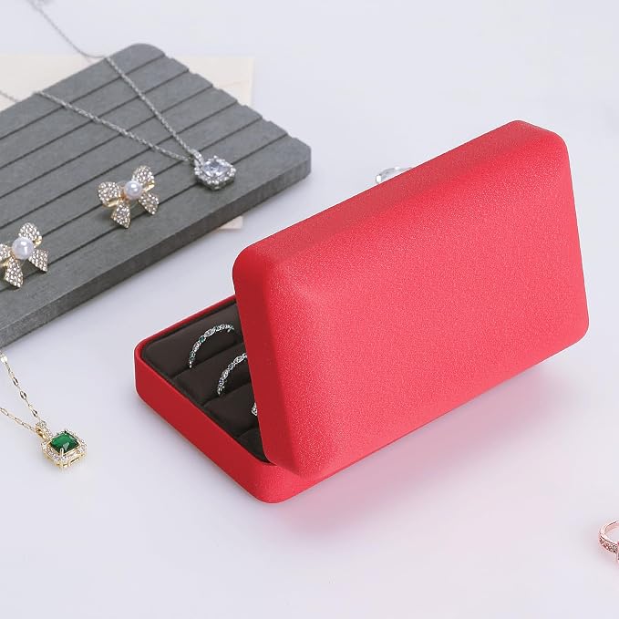 KUKUVR Velet Ring Storage Box for Multiple Rings, Travel Jewelry Ring Stud Earrings Holder Case, 3 Slot Portable Ring Display Organizer Case (Red) - Image 4