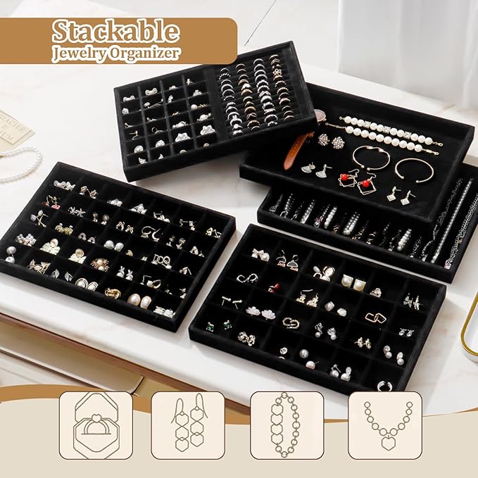 Large Velvet Jewelry Tray 2 Pack Stackable Jewelry Display Drawer Inserts Trays Organizer for Earring Bracelet Necklace Ring (Black, 24 Grids) - Image 6