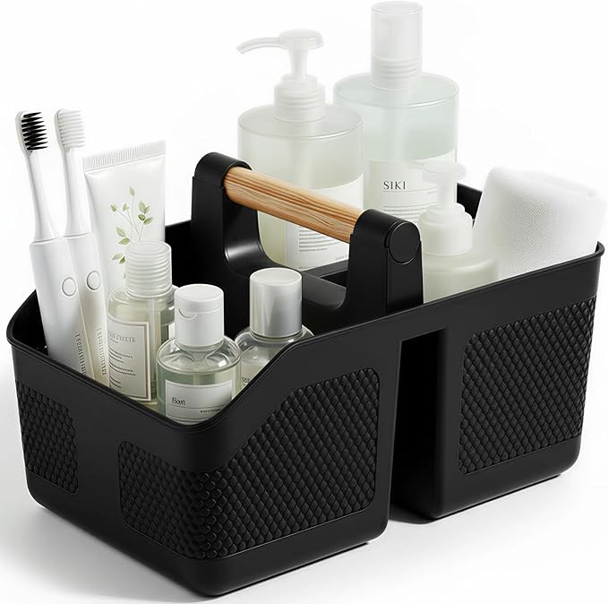 rejomiik Shower Caddy Portable with Bamboo Handle, Plastic Basket Cleaning Caddy Organizer Storage Tote for Bathroom, College, Dorm Room Essentials, Black by rejomiik