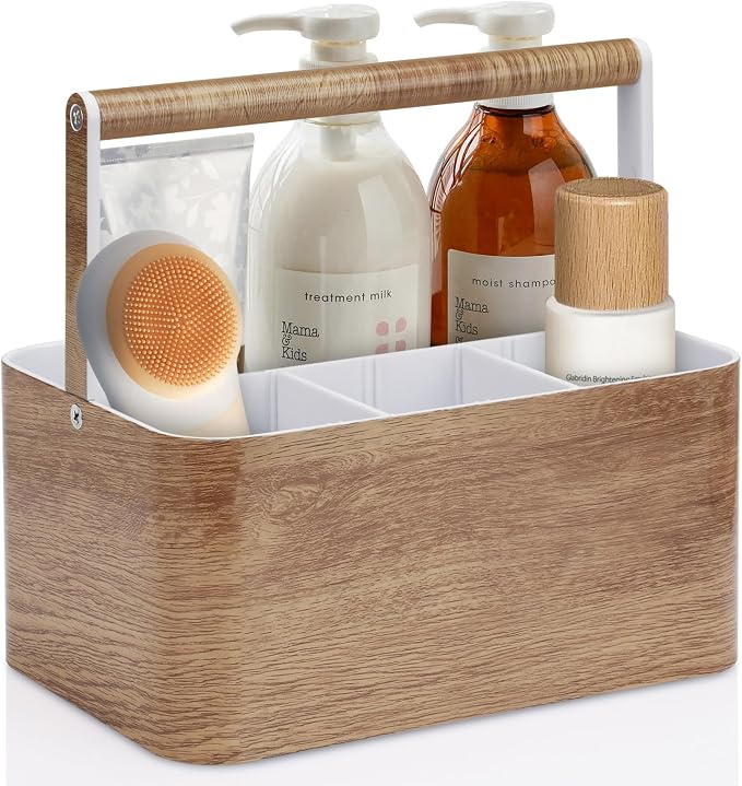 BYUNER Shower Caddy Portable for College: Devided Bathroom Caddy Shower Basket for Dorm with Handle, Plastic Bathroom Counter Organizer Storage Tote Bin for Dorm,Kitchen,Cabinet, Wood Grain by MakesYourHomeMoreOrganized