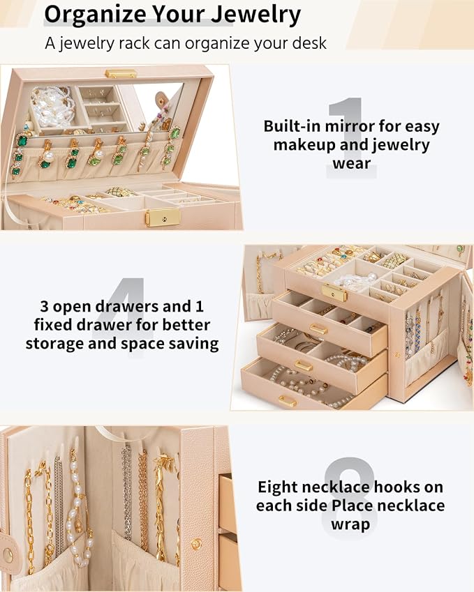 AKOZLIN Large 4-Tier Jewelry Box Leather Jewelry Storage Organizer with 3 Drawers Lockable for Women Girls Ring Necklace Earring Bracelet Watches Holder with Mirror Champagne - Image 5