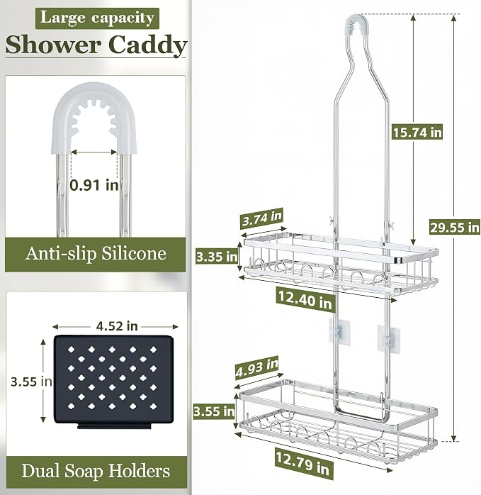 Skyapex Shower Caddy Hanging: Adjustable Height, Rustproof Shelves with Hooks, 2 Soap Holders - Silver Shower Organizer Over Showerhead - Image 3