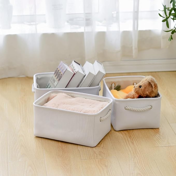 TheWarmHome Storage Bins for Shelves - Medium 3Pack 13.8L*9.8W*6.7H inch Fabric Storage Cubes Canves Storage Basket for Organizing Toys Baby Clothes Gift Dog (White) - Image 4