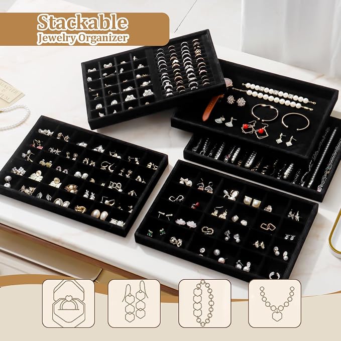 Large Velvet Jewelry Tray 2 Pack Stackable Jewelry Display Drawer Inserts Trays Organizer for Earring Bracelet Necklace Ring (Black, 35 Grids) - Image 5
