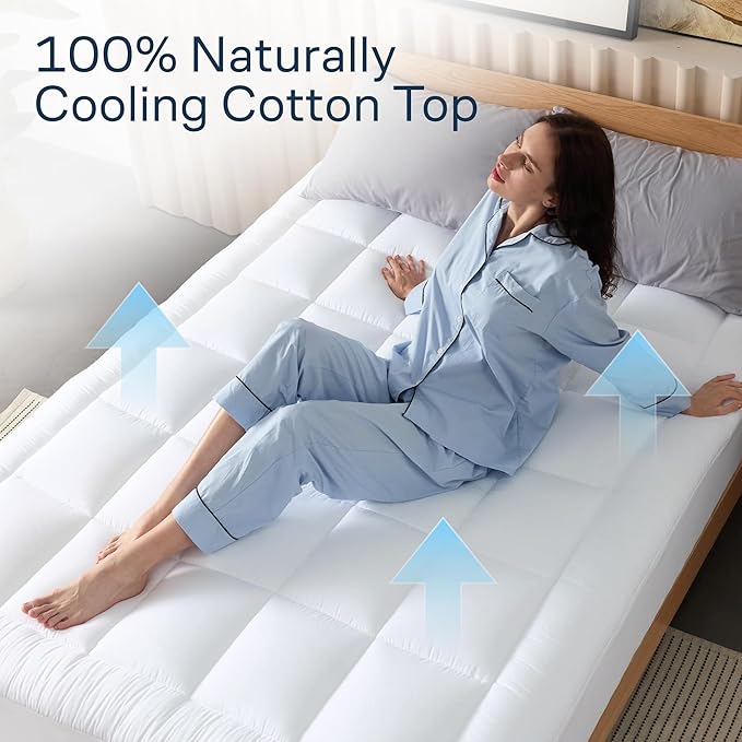 Cloud-Like California King Mattress Topper - 100% Cotton Top Mattress Pad for Back Pain Relief - Breathable & Naturally Cooling for Hot Sleepers, White