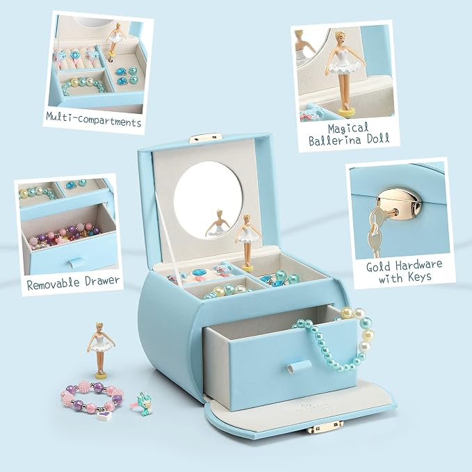 Vlando Kids Musical Jewelry Box for Girls with Drawer, Music Box with Ballerina and Stickers for Birthday Bedroom Decor, Gifts for Girls Kids Christmas Thanksgiving Gifts 2023 - Blue - Image 4