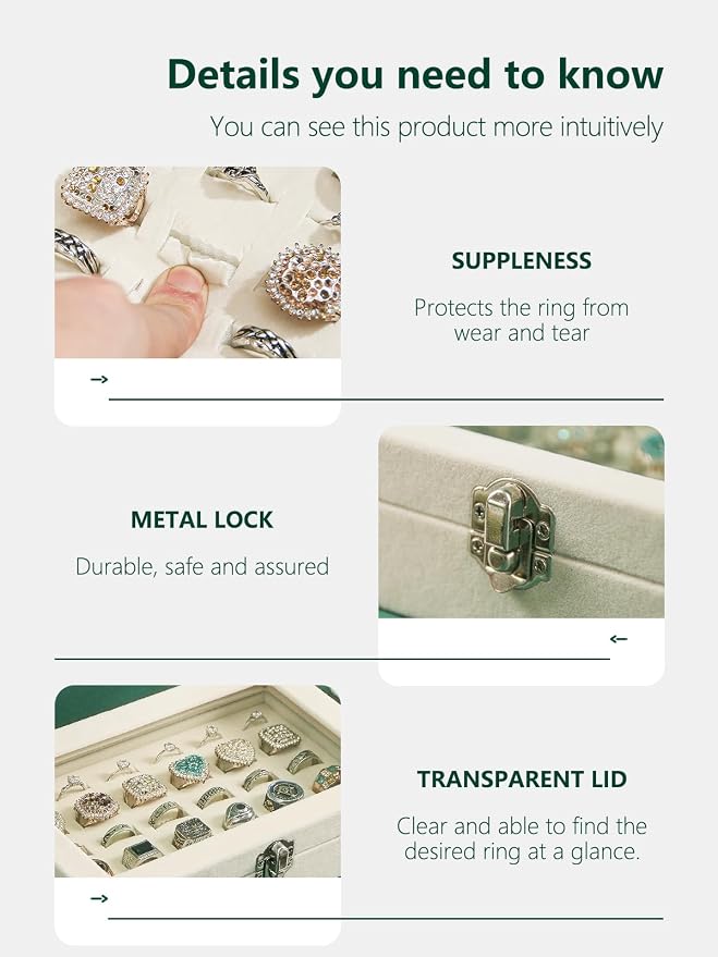 Ring Holder Organizer Box,Jewelry Ring Display Case, Earring Necklace Storage Tray With Top Glass Lid (Beige, 30 Slots Ring) - Image 5