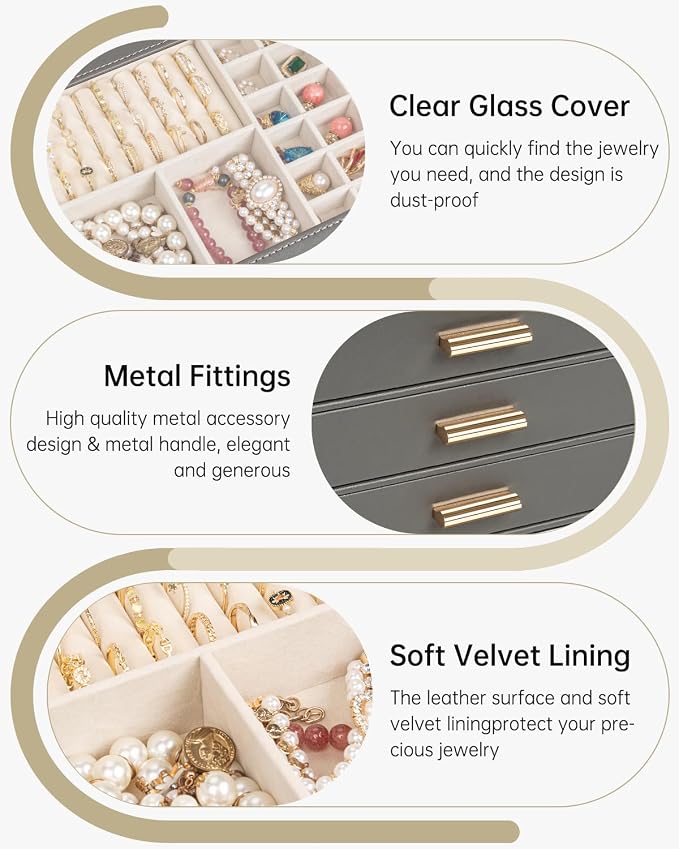 AKOZLIN Jewelry Box with Clear Lid Functional Leather Jewelry Storage Organizer Case 4 Drawers for Women Girls Necklace Ring Bracelet Earring DarkGrey - Image 2