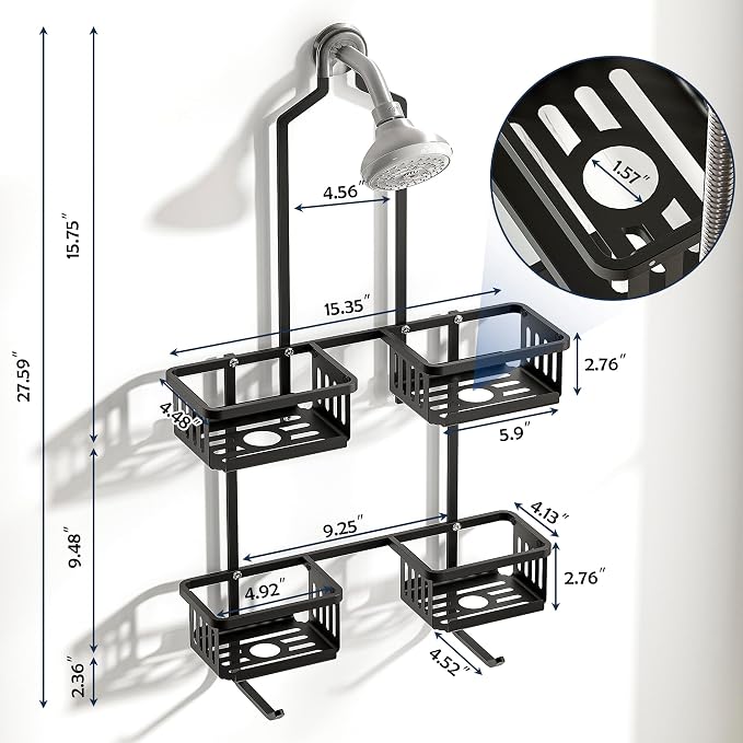 Aluminum Shower Caddy Hanging for Handheld Showerheads, Never Rust Shower Organizer with Hooks Holder Toothbrush Holder，Over Showerhead Caddy for Bathroom, Black - Image 7