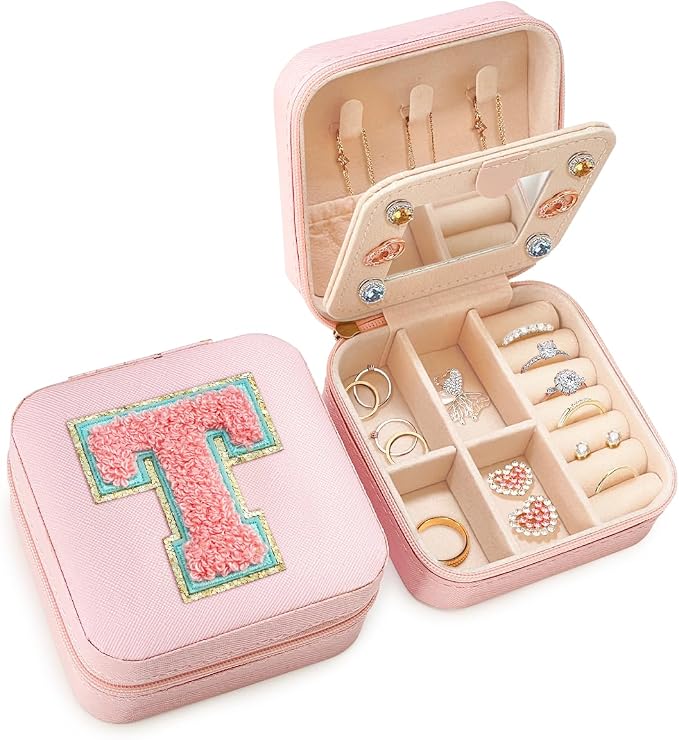 SANDJEST Personalized Jewelry Box, Pink Travel Jewelry Box with Initial T, Small Monogrammed Jewelry Case Organizer for Girls Women Teen Kids, Mini Travel Essentials Gifts for Birthday Christmas by SANDJEST