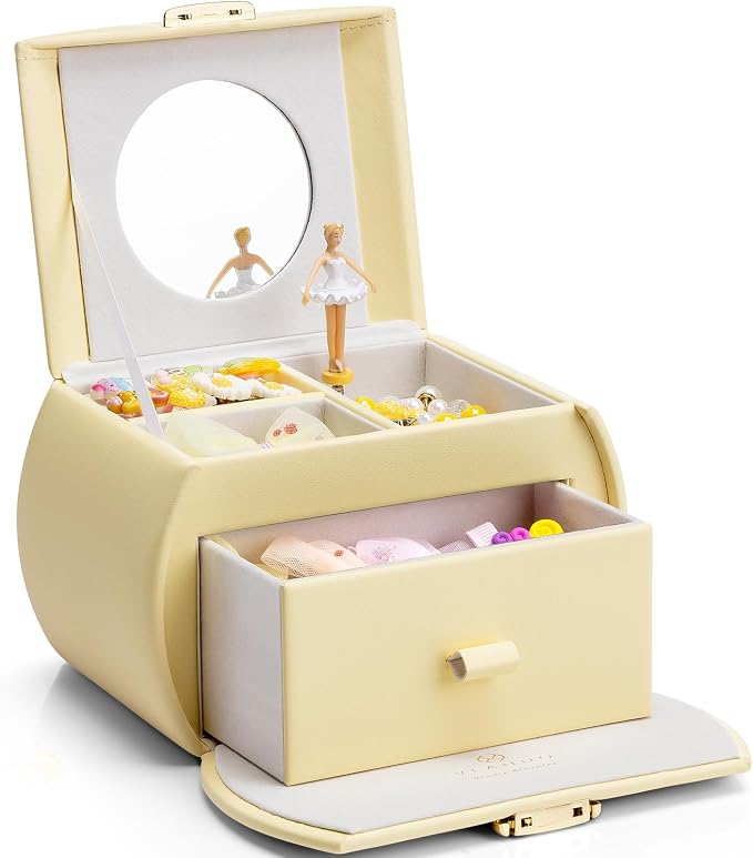 VLANDO Kids Musical Jewelry Box for Girls with Drawer, Music Box with Ballerina and Stickers for Birthday Bedroom Decor, Gifts for Girls Kids Christmas Thanksgiving Gifts 2024 - Yellow by VLANDO
