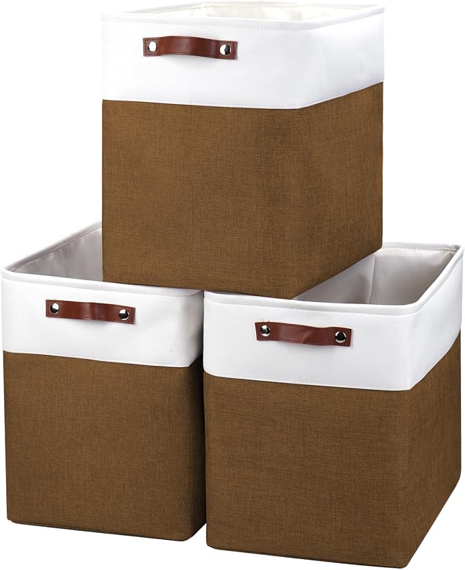 Bagnizer Large Fabric Storage Baskets | 50L Storage Bins, Decorative Linen Closet Baskets with Handles for Organizing, Shelf, Toys, Clothes, Home, Office, Nursery, 17x12x15Inches (Brown&White) by Bagnizer