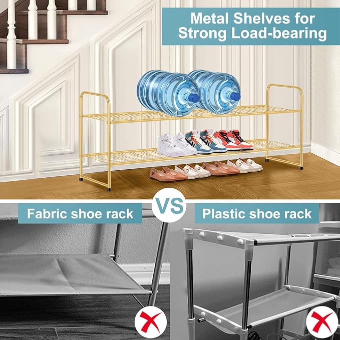 AOODA Long 2 Tier Shoe Rack for Closet Metal Wide Stackable Shoe Storage Organizer for Entryway, Bedroom, Floor, 18-Pairs Low Sneaker Shelf, Golden - Image 4