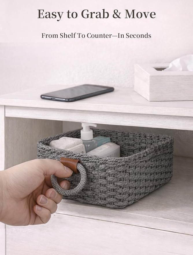 Storage Basket, Recycled Paper Rope Bathroom Basket Organizer, 3Pcs Small Baskets for Organizing, Mini wicker Basket for Decorative Storage Bins, Shelves, Bathroom, Cabinet - Grey - Image 5