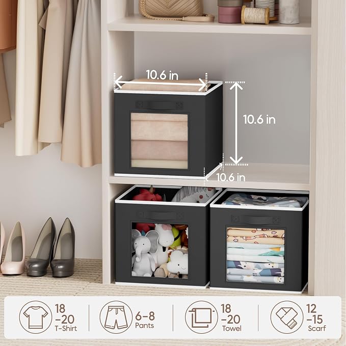 Homsorout Foldable Storage Cubes - Square Organizer with Window, Decorative Baskets for Organizing, Fabric shelf Basket for Clothes, 11 Inch Closet Storage Cubes, Set of 16, Black - Image 4