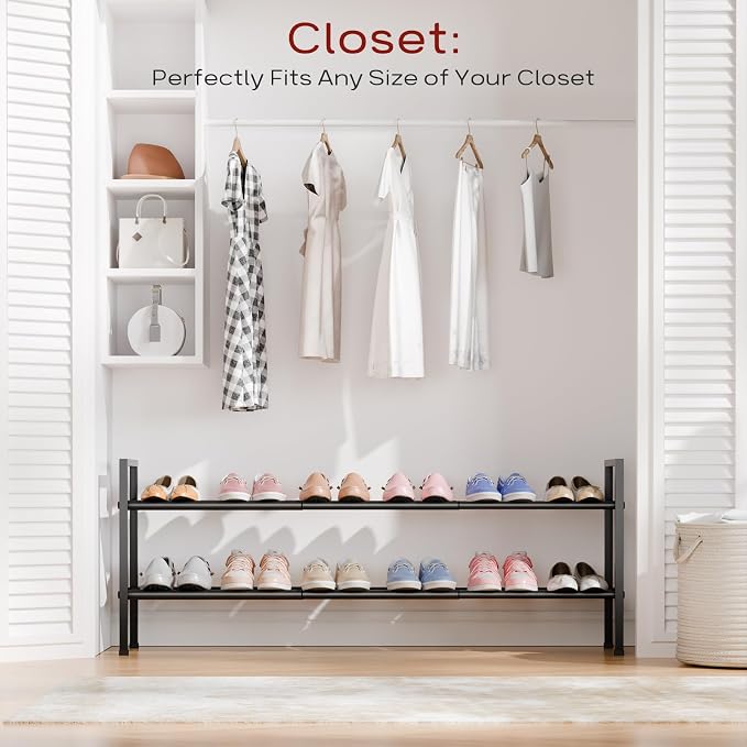 Bumusty 2-Tier Long Expandable Shoe Rack for Closet, 18"-44" Adjustable Shoe Rack for Entryway, 10-12 Pairs Large Shoe Organizer Shelf Storage, Sturdy Metal, Black - Image 2