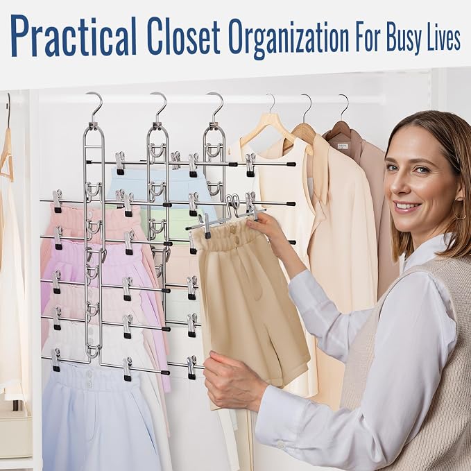Pants & Skirt Hangers with Clips, Newly Upgraded Detachable - Space Saving Hangers, 6-Tiers Foldable Skirt Hangers for Women - Hanging Closet Organizer and Storage-2pack, Patent Pending - Image 4