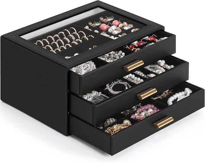 AKOZLIN Jewelry Box with Clear Lid Functional Leather Jewelry Storage Organizer Case 3 Drawers for Women Girls Necklace Ring Bracelet Earring - Image 2