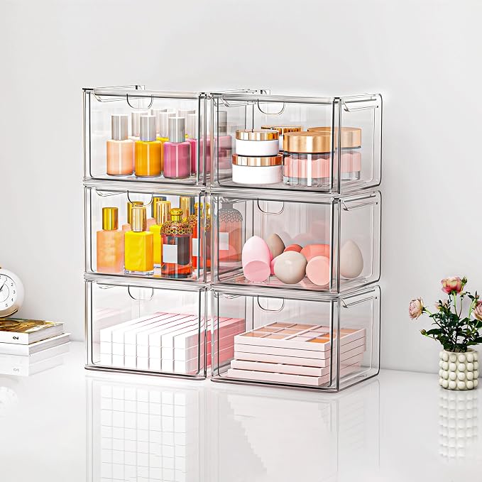 caktraie 6 Pack Small Stackable Stroage Drawers, Acrylic Bathroom Makeup Organizer, Plastic Storage Bins For Vanity, Undersink, Kitchen Cabinets, Pantry, Home Organization - Image 8