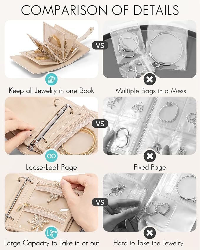VLANDO Mini Travel Jewelry Organizer Case,Portable Jewelry Organizers Storage Book with Clear Zipper Velvet Jewelry Pouch Bag for Travel Essentials,Ring,Earring-Cream White - Image 4