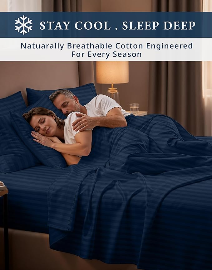 LANE LINEN 100% Egyptian Cotton Queen Sheet Set,15 inch Deep Pocket Fully Elasticized French Reinforced Pocket Seam for Soft, Comfy & Fresh Bed Eco Friendly Cooling Sheets Queen Damask Stripe - Navy