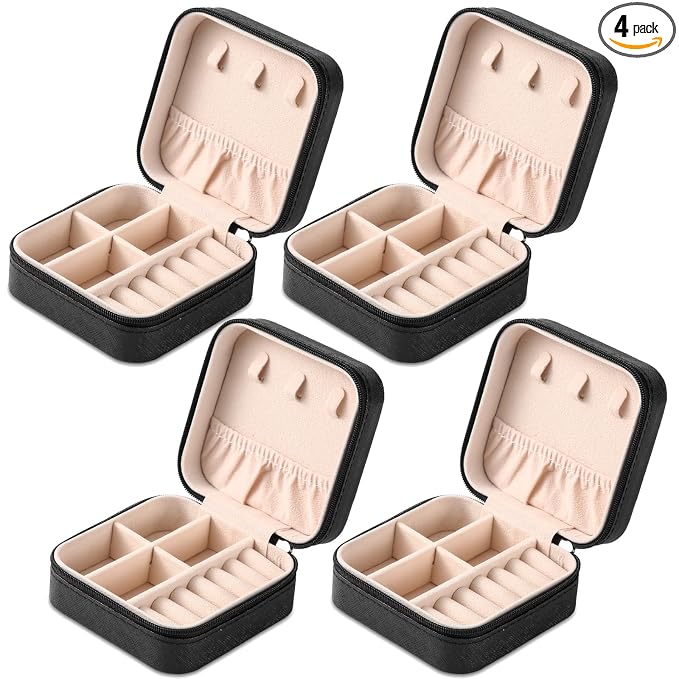 Neveika Portable Travel Mini Jewelry Box Leather Jewellery Ring Organizer Case Storage Gift Box Girls Women (4pcs black). by NEVEIKA