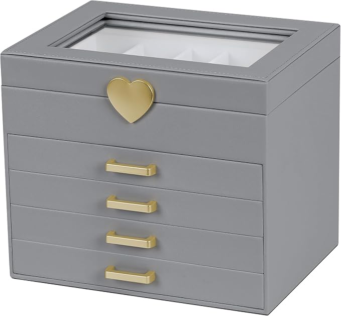 Kendal Jewelry Box, 5-Layer Jewelry Organizer Box with Glass Lid, Gray, Heart Shaped PU Leather, Storage Box for Necklace Earrings Rings Bracelets, Gift Idea for Girls LJC4DRGY by Kendal