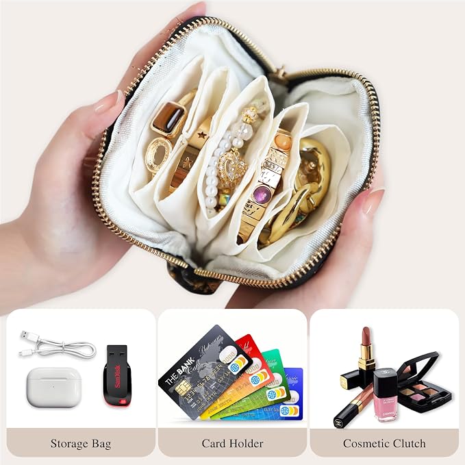Stratalife Travel Jewelry Case Portable Jewelry Box with Small Pouches for Gemstones Healing Crystal, Bracelets Necklace Bangles Storage, Ring Holder for Women, Quilted Black - Image 4