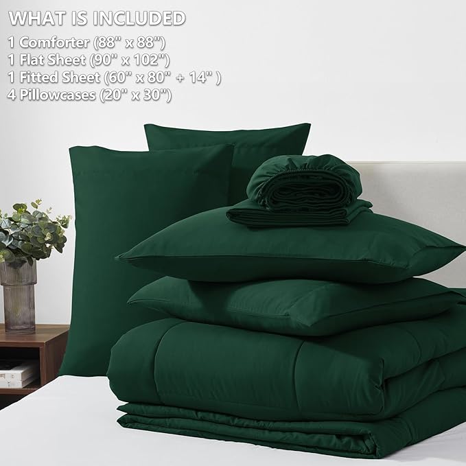 CozyLux Queen Comforter Set Emerald Green, 7 Pieces Bed in a Bag, Green Comforters Queen Size, All Season Bedding Sets with Stitch Quilted Comforter, Flat Sheet, Fitted Sheet, Pillowcases
