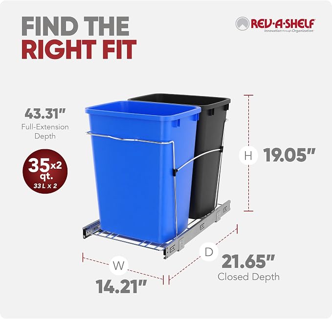 Rev-A-Shelf RV-18KD-2218C-S Double Pullout Trash Cans for Kitchen Cabinets 35 Quart Garbage Recycling Bin on Full Slides, Blue/Black - Image 3