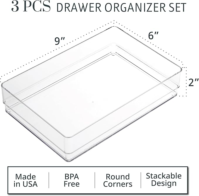 STORi SimpleSort 3-Piece Stackable Clear Drawer Organizer Set | 9" x 6" x 2" Rectangle Trays | Wide Makeup Vanity Storage Bins and Office Desk Drawer Dividers | Made in USA - Image 2
