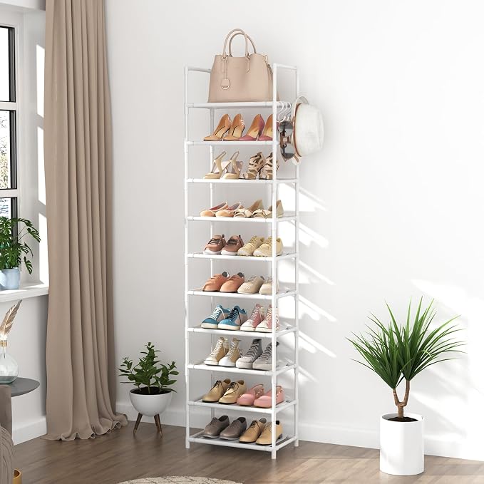 LANTEFUL 10 Tiers Tall Shoe Rack 20-25 Pairs Boots Organizer Storage Sturdy Narrow Shoe Shelf for Entryway, Closets with Hooks, White - Image 7