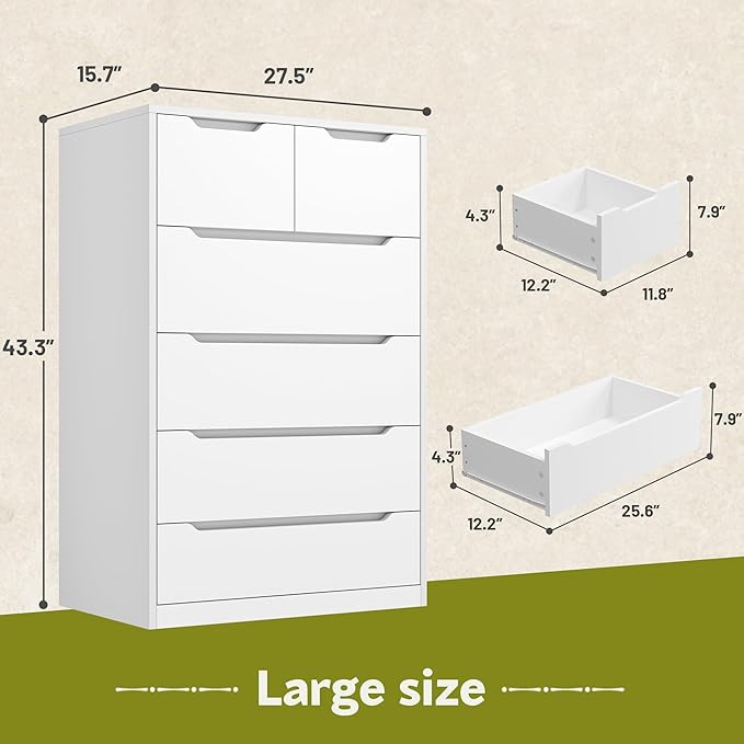 Romorgniz White Dresser for Bedroom with 6 Large Drawers, Tall Chest of Drawers Modern Wooden Dresser for Living Room, Entryway, Hallway, 43.2" H X 27.6" W X15.6 D