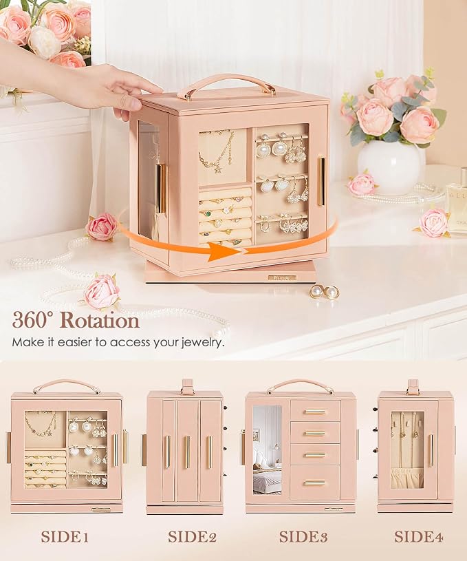 Homde Jewelry Box 360° Rotating, Necklace Earring Organizer with Transparent Window, Mirror, 7 Drawers, Large Ring Display Storage Case for Girls Women (Peach Pink) - Image 3