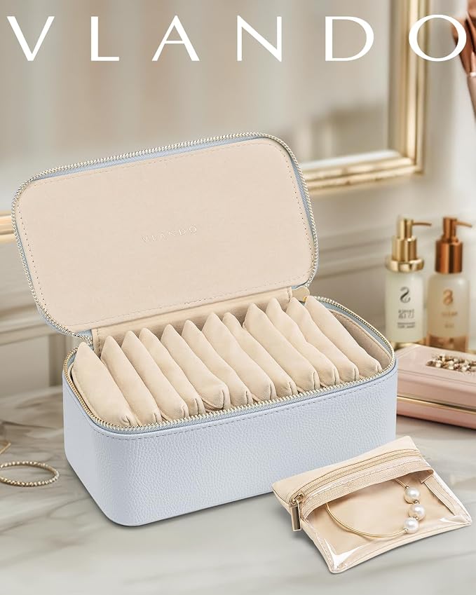 Vlando Jewelry Travel Case,Travel Jewelry Organizer with Clear Velvet Jewelry Bags 12Pcs Zipper Pouch for Women Girls-Baby Blue - Image 5