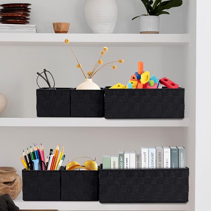 Posprica Woven Storage Baskets for Organizing 6 Pack, Large&Small Storage Cube Bins Set for Bathroom, Storage Boxes Container for Drawer, Closet, Shelf, Dresser, Black - Image 5