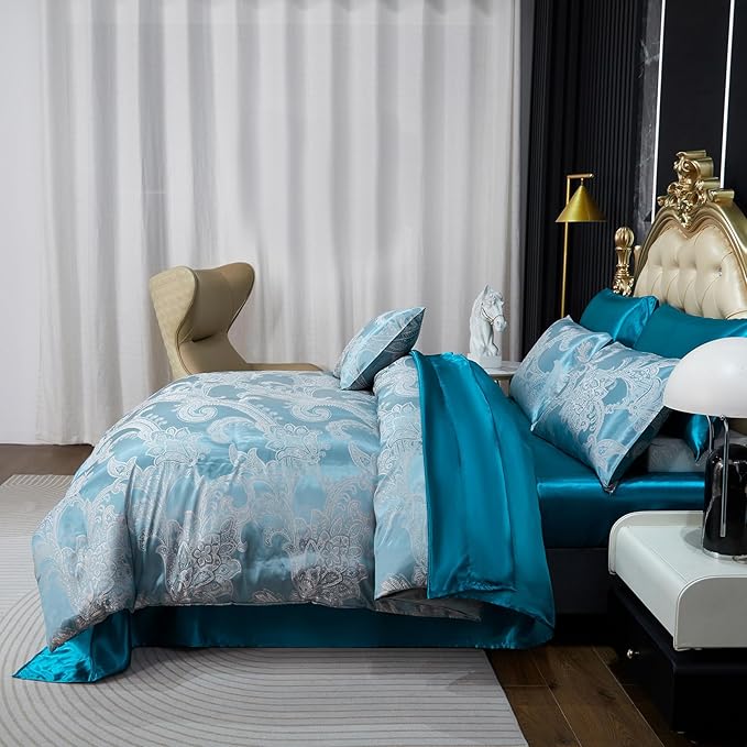 Green Comforter King Jacquard Bedding with Peacock Green Satin Sheet Set 8 Pcs Royal Embroidery Neoclassical Floral Home Decor Soft Luxury Hotel Bed in a Bag with 1 Cushion Cover