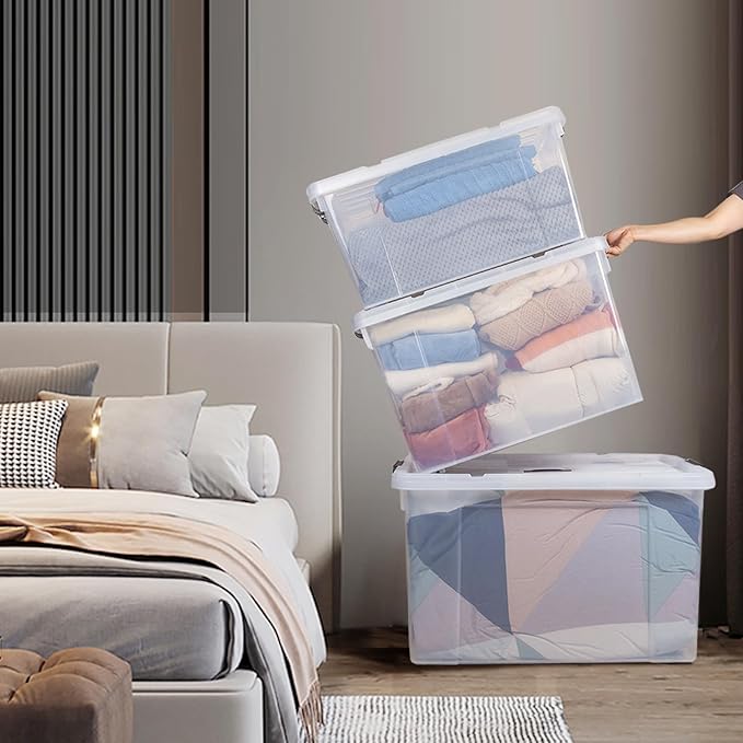 90 Quart 4-Pack Heavy-Duty Stackable Clear Storage Bins with Lids - Premium Clear Plastic Organizing Containers for Home, Office, Closet & Bathroom BPA-Free, Secure Latches and Pull Handles