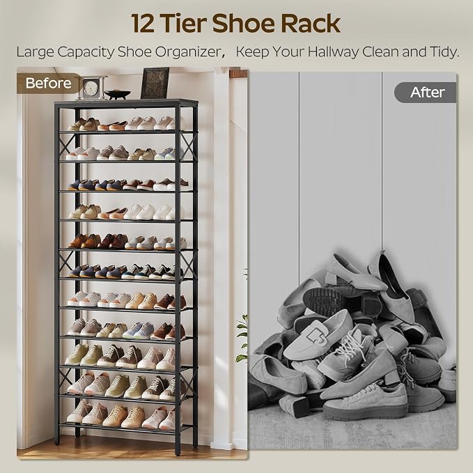 YATINEY 12 Tier Shoe Rack, Large Capacity Shoe Storage Organizer Holds 48 Pairs, Sturdy and Stable, for Entryway, Hallway, Closet, Dorm Room, Charcoal and Black SS12BC - Image 4