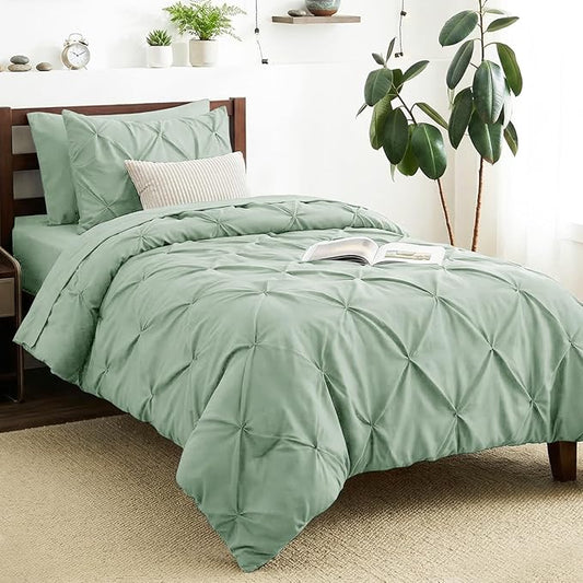 CozyLux Twin Comforter Set with Sheets Sage Green, 5 Pieces Pintuck Bed in A Bag, Twin Bed Set Gift for Family, Pinch Pleat Bedding Set with Comforter, Sheets, Pillowcase & Sham