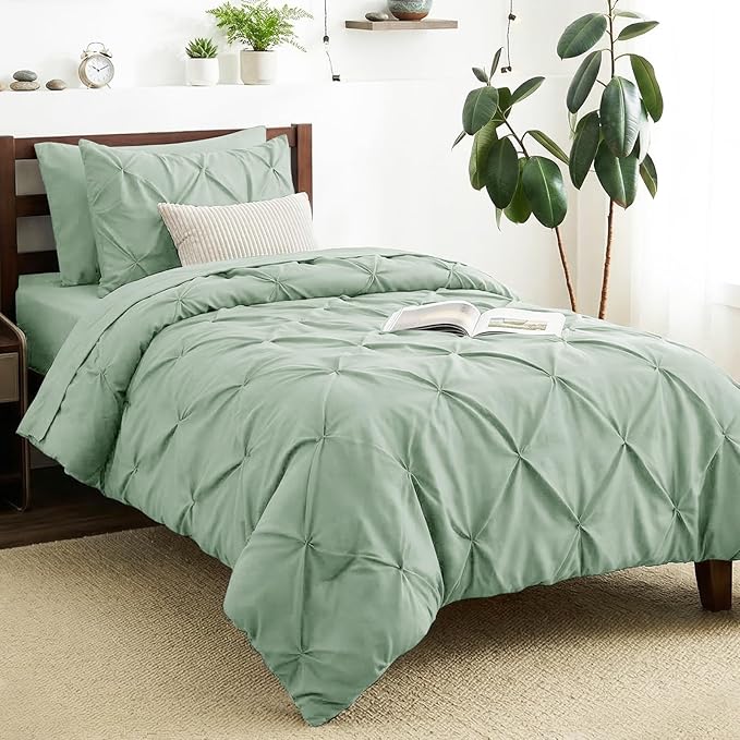 CozyLux Twin XL Comforter Set Sage Green, 5 Pieces Twin Extra Long Pintuck Bed in A Bag for College Dorm, Pinch Pleat Bedding Set with Comforter, Sheets, Pillowcase & Sham